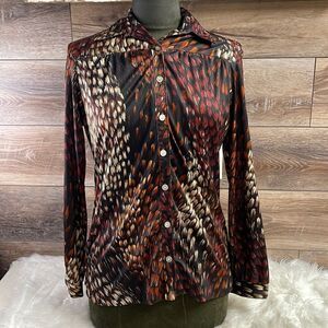 Miami International Ladies Vintage 70’s Button Up Dress Shirt Sz Small Brown